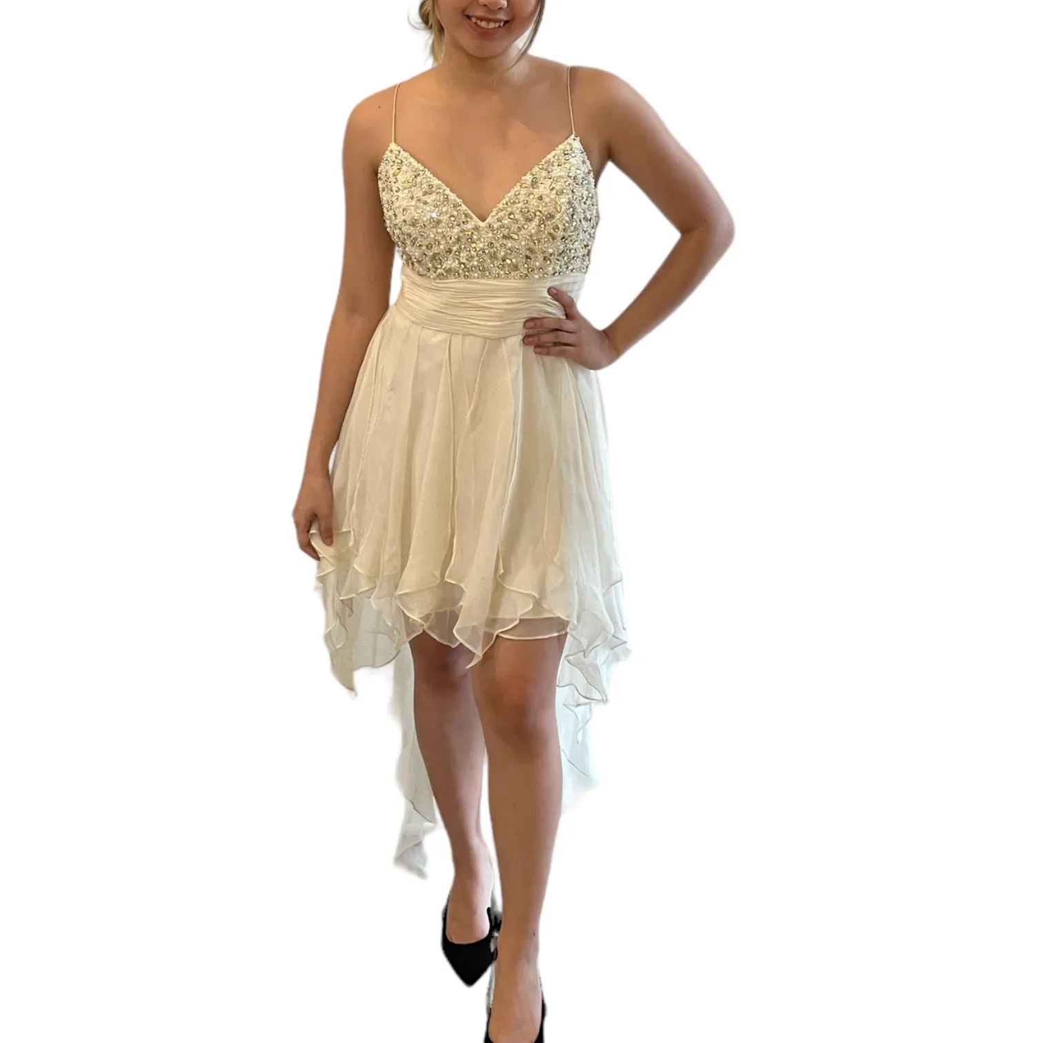 Leggy Whites Graduated Length Beaded Evening Dress