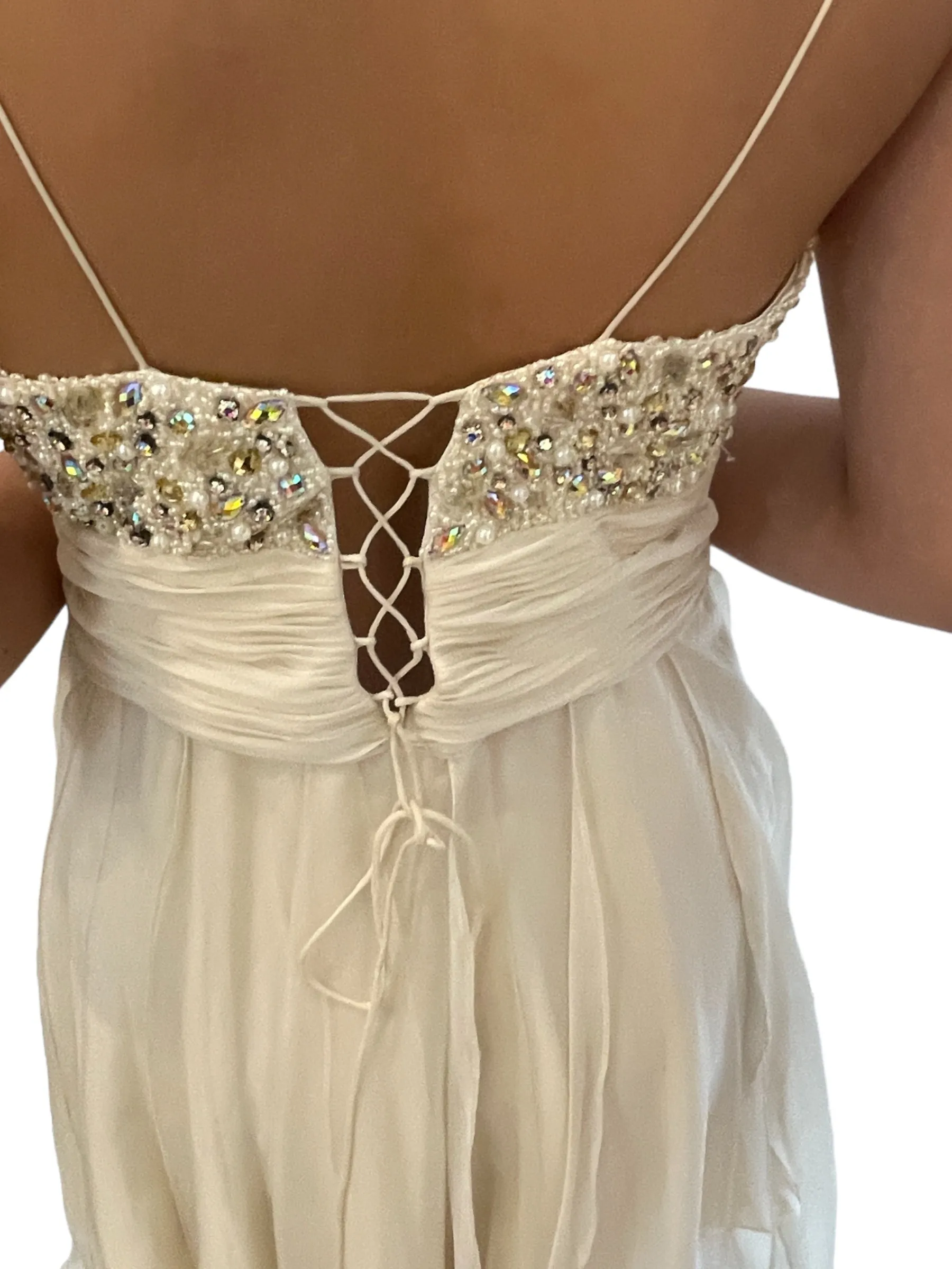 Leggy Whites Graduated Length Beaded Evening Dress