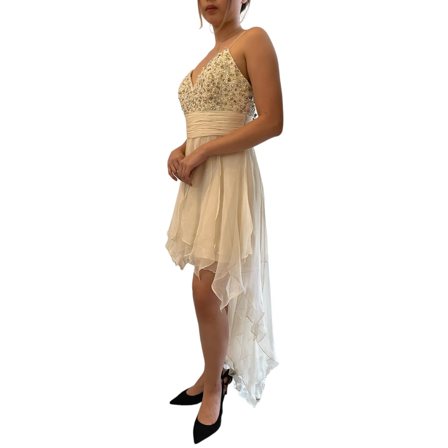 Leggy Whites Graduated Length Beaded Evening Dress