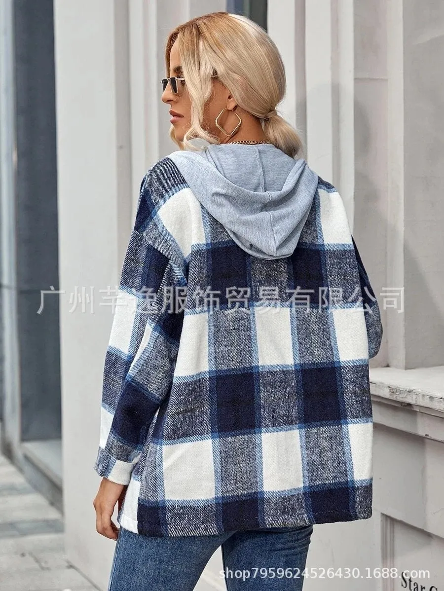 Leisure Women Plaid Hoodies Long Sleeves Shirts