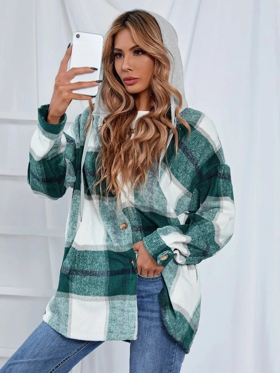 Leisure Women Plaid Hoodies Long Sleeves Shirts