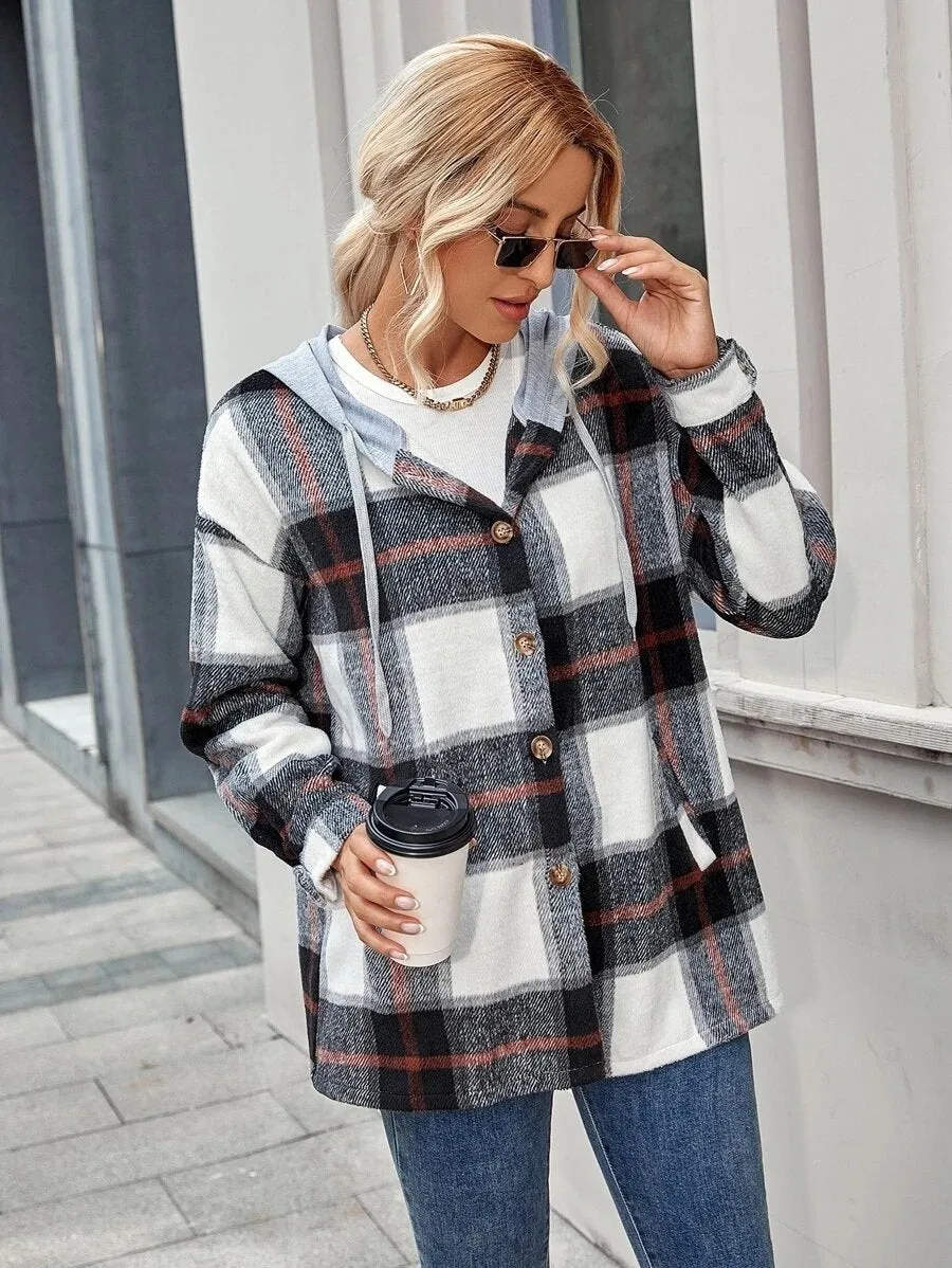 Leisure Women Plaid Hoodies Long Sleeves Shirts