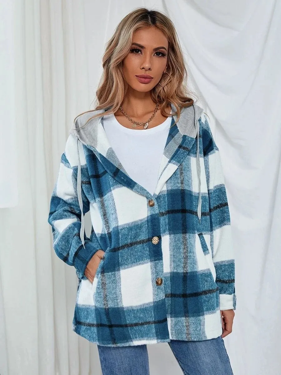 Leisure Women Plaid Hoodies Long Sleeves Shirts