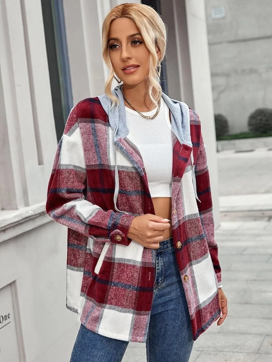 Leisure Women Plaid Hoodies Long Sleeves Shirts