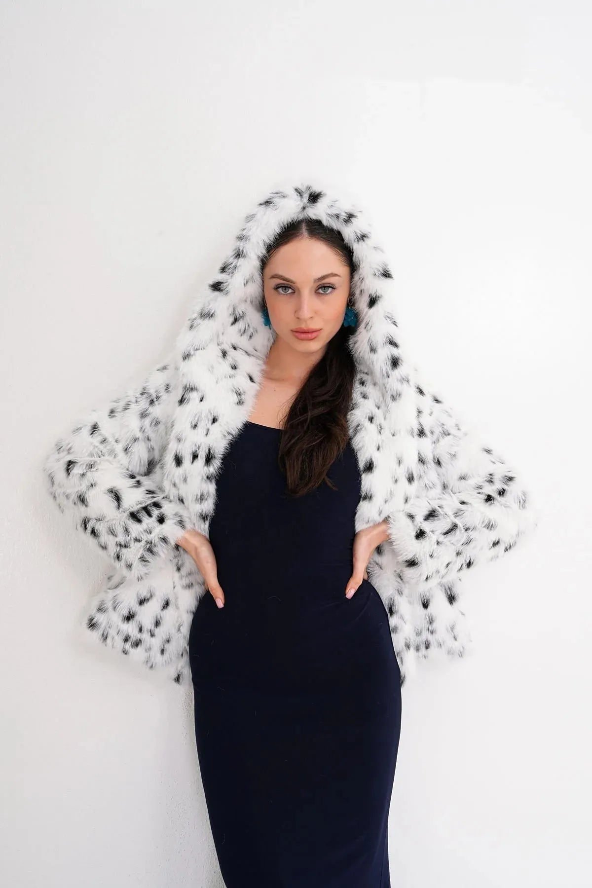 Leopard Hooded Faux Fur Coat – White