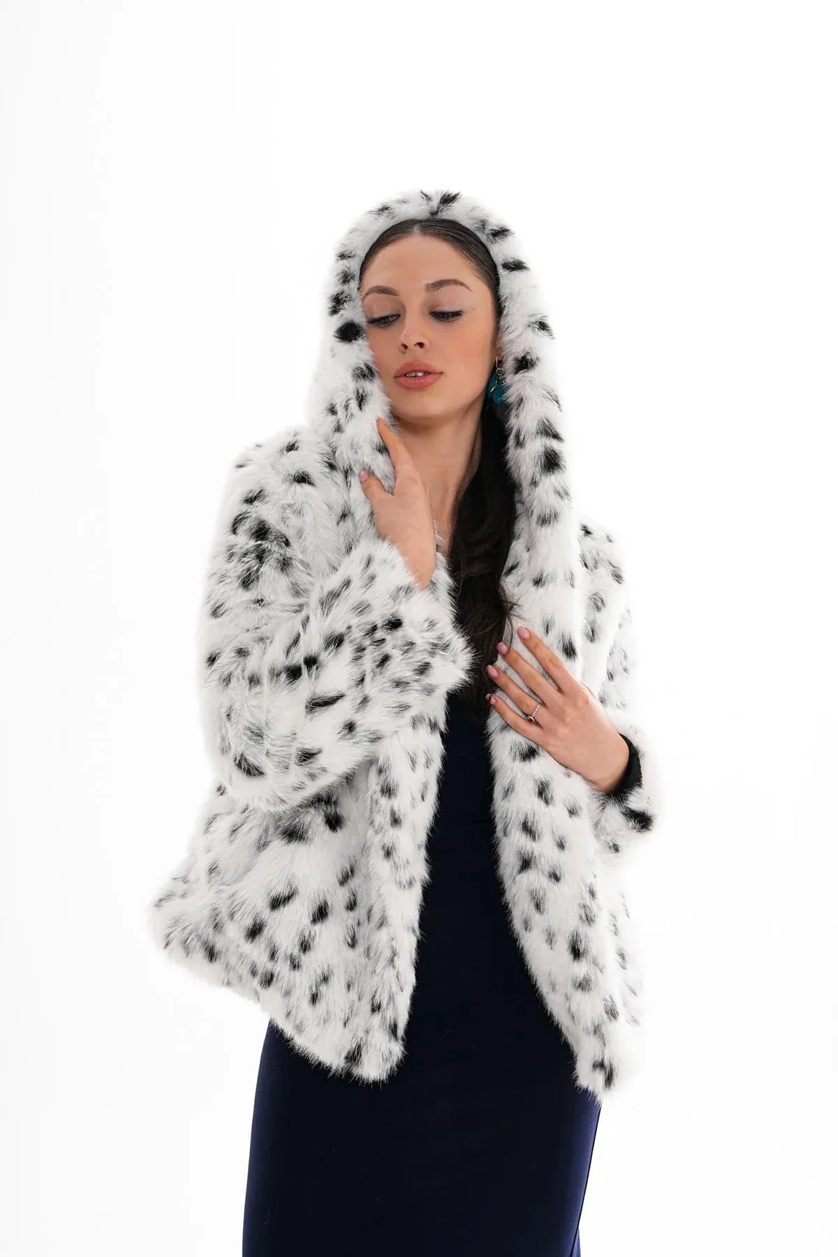 Leopard Hooded Faux Fur Coat – White