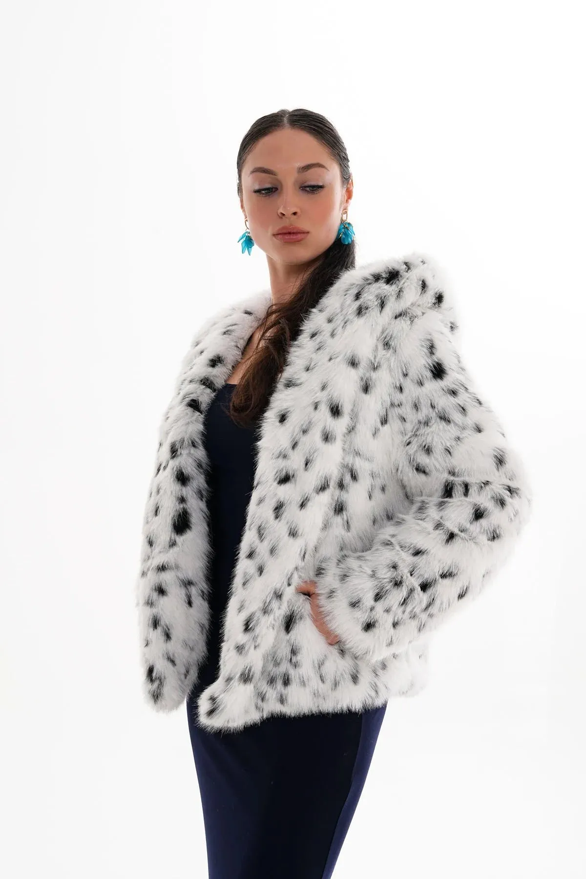 Leopard Hooded Faux Fur Coat – White