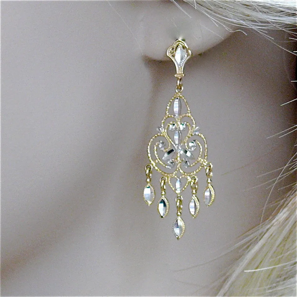 Leslie's Bi-Color 14K Diamond-Cut & Textured Exotic Chandelier Post Earrings with Dangles