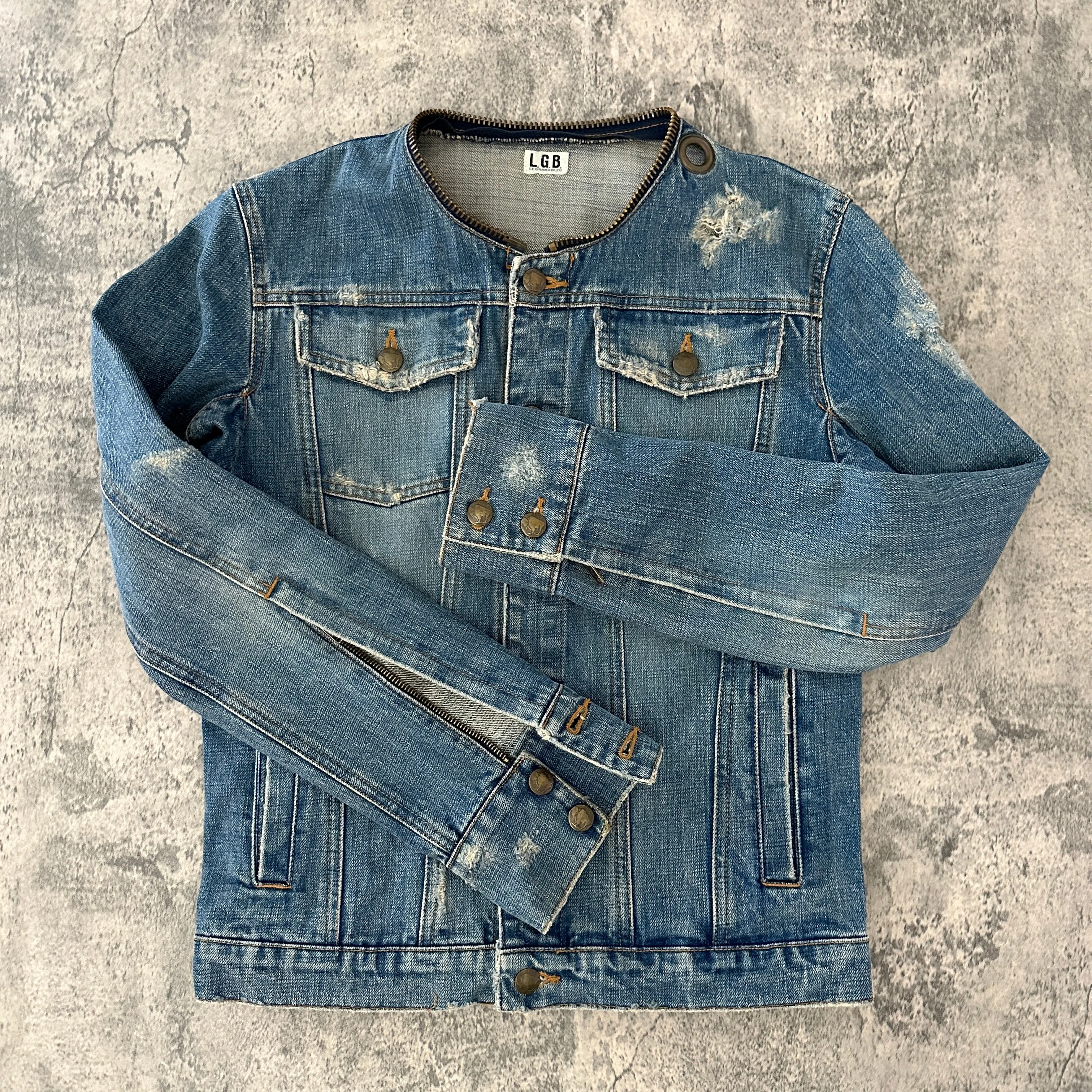 L.G.B. Distressed Removable Collar Denim Jacket