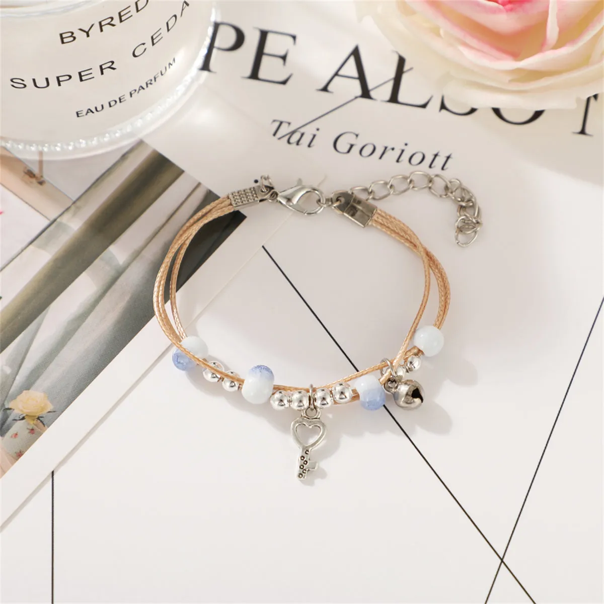 Light Blue Enamel & Silver-Plated Key Layered Charm Bracelet