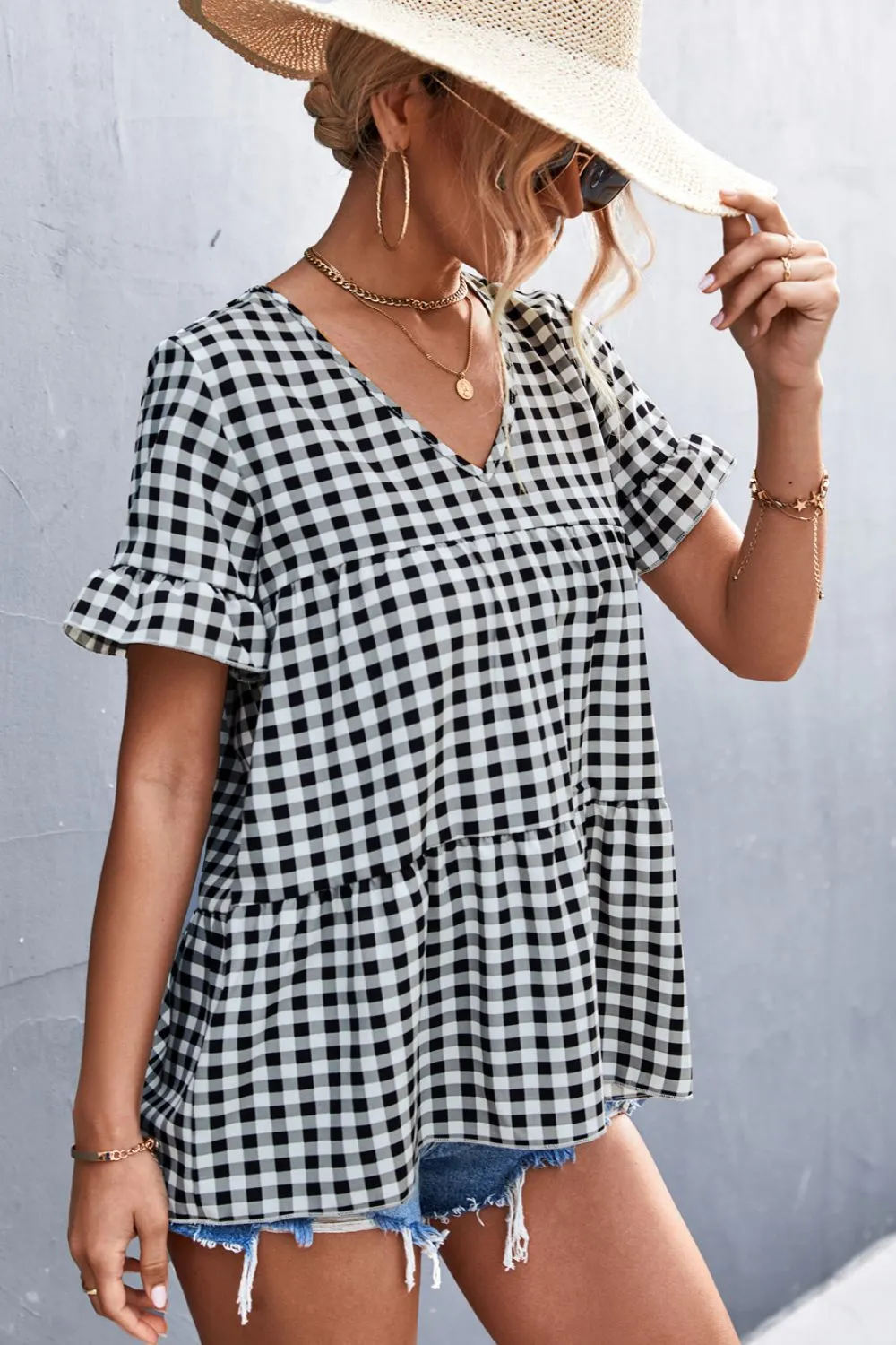 Linny Plaid V-Neck Short Sleeve Blouse