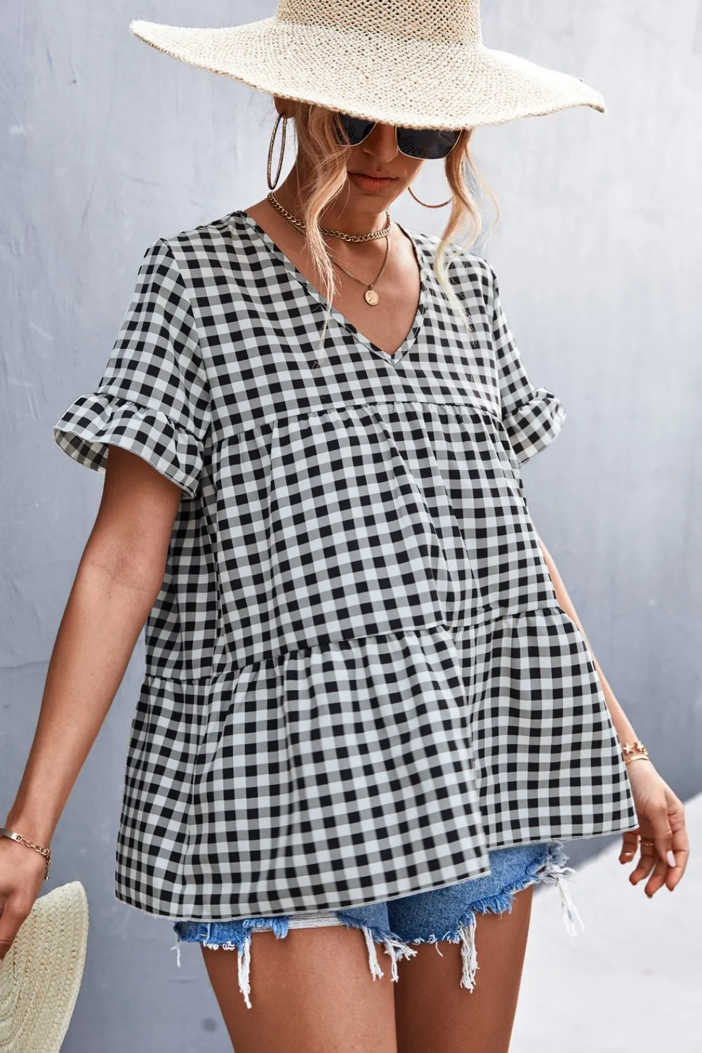 Linny Plaid V-Neck Short Sleeve Blouse