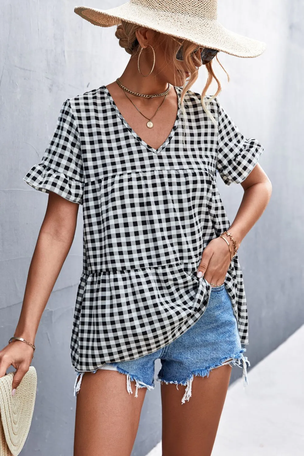 Linny Plaid V-Neck Short Sleeve Blouse