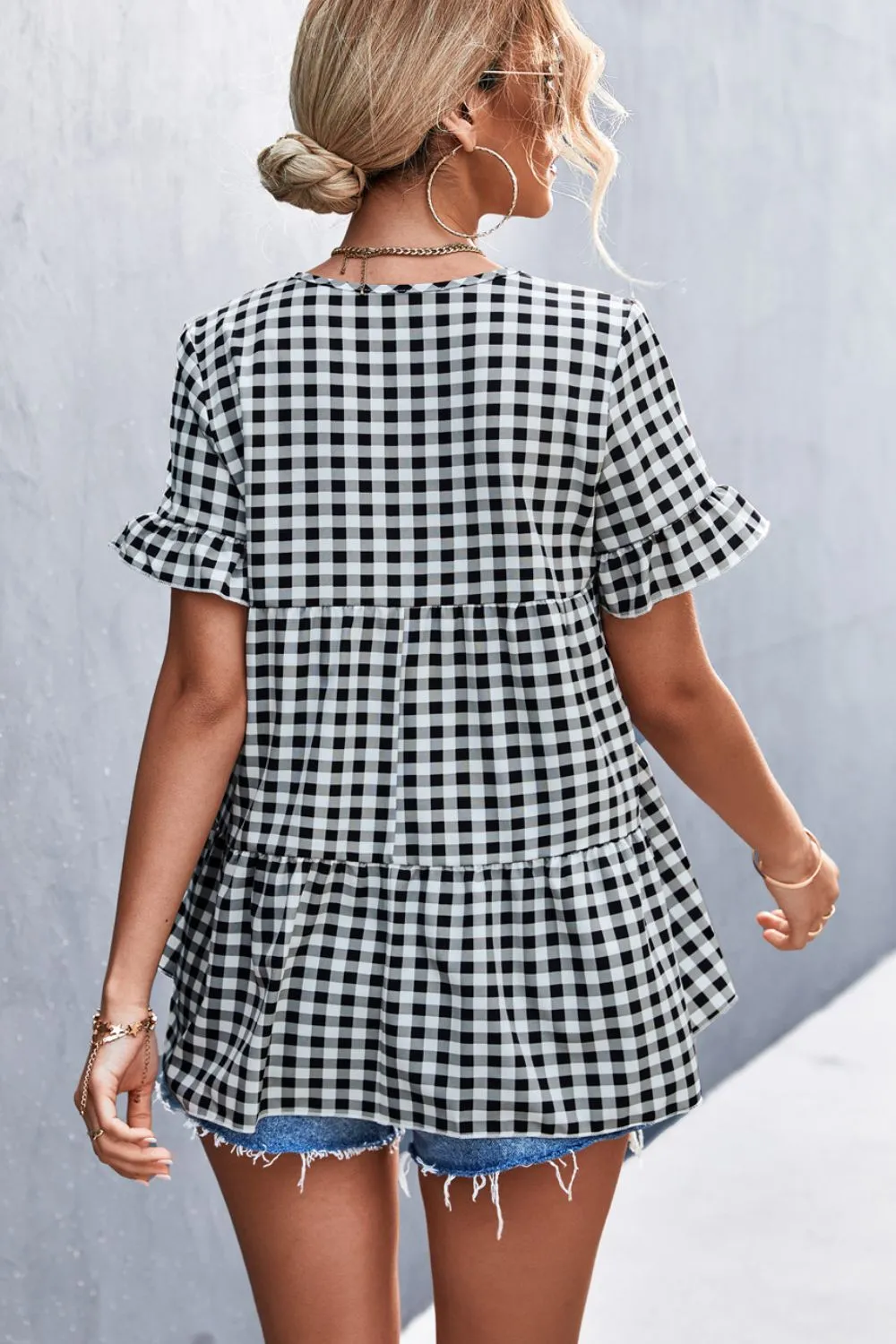 Linny Plaid V-Neck Short Sleeve Blouse