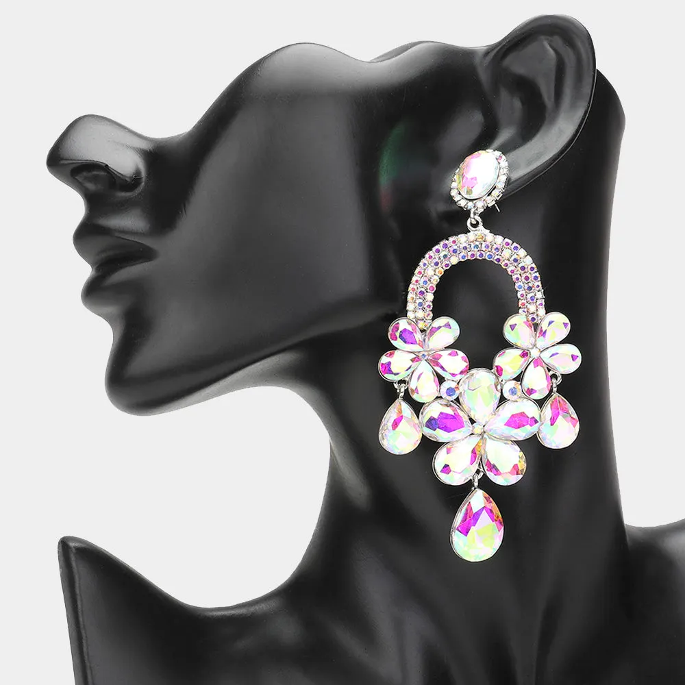 Long AB Flower Teardrop Chandelier Pageant Earrings on Silver | Large Crystal Earrings |  644904
