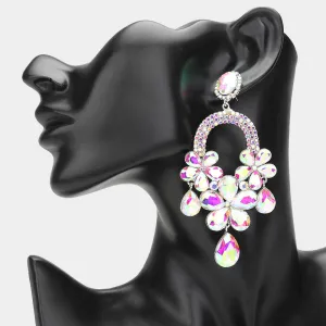 Long AB Flower Teardrop Chandelier Pageant Earrings on Silver | Large Crystal Earrings |  644904