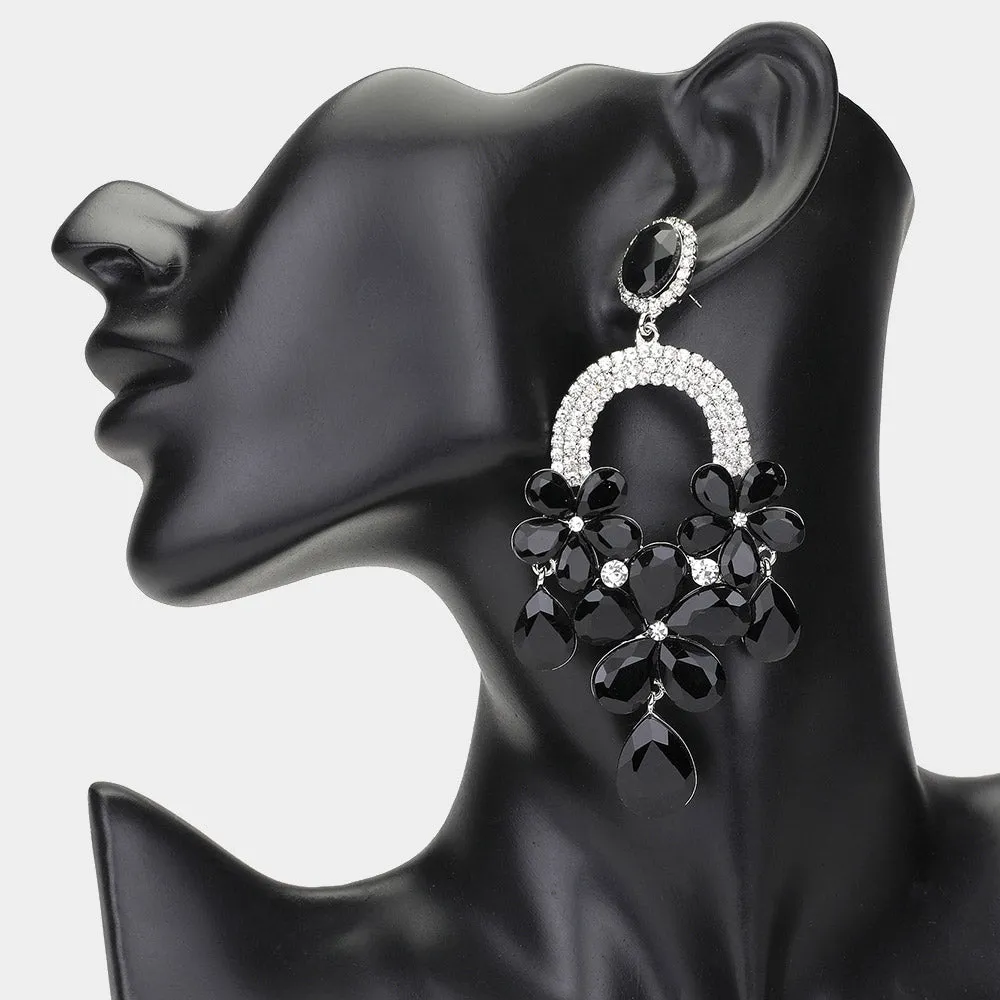Long Black/Clear Flower Teardrop Chandelier Pageant Earrings | Large Crystal Earrings |  648872