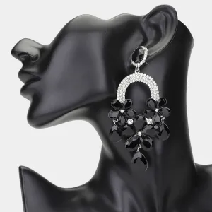 Long Black/Clear Flower Teardrop Chandelier Pageant Earrings | Large Crystal Earrings |  648872