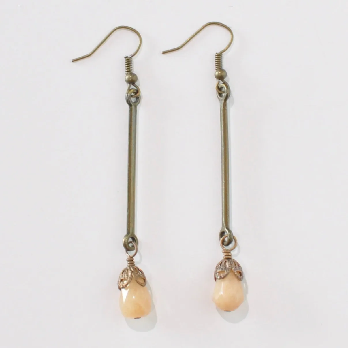 Long Brass & Peachy Jasper Teardrop Earrings - Featherhead Studio