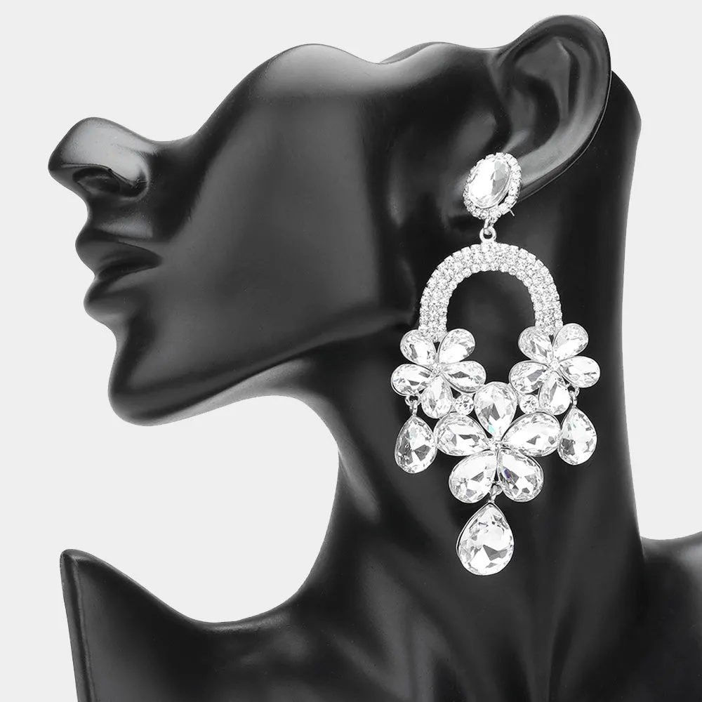 Long Clear Flower Teardrop Chandelier Pageant Earrings on Silver | Large Crystal Earrings |  644903