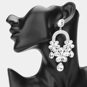 Long Clear Flower Teardrop Chandelier Pageant Earrings on Silver | Large Crystal Earrings |  644903