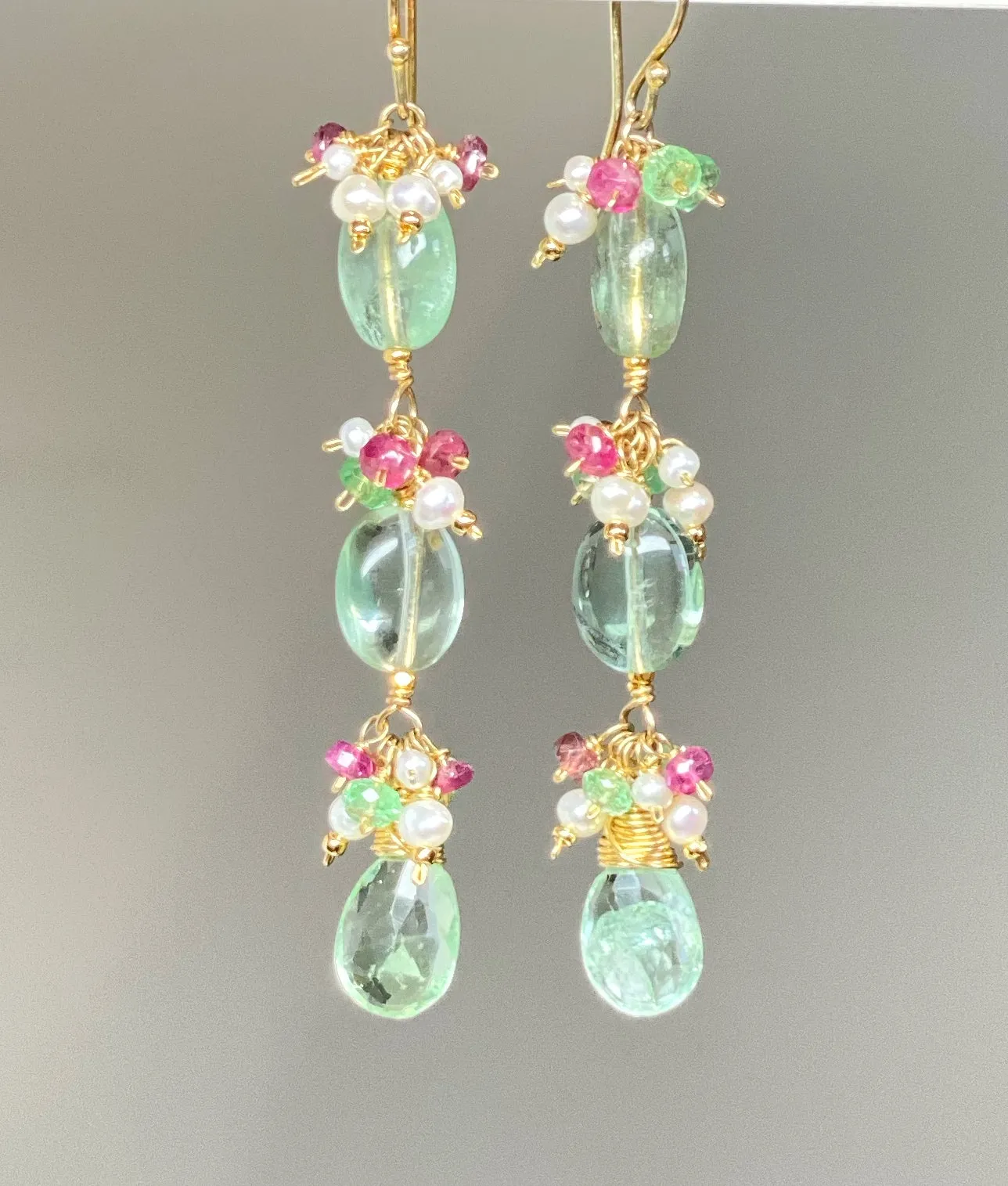 Long Green Flurorite Earrings, Gemstone Cluster