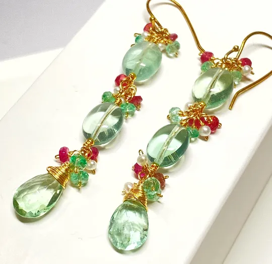 Long Green Flurorite Earrings, Gemstone Cluster
