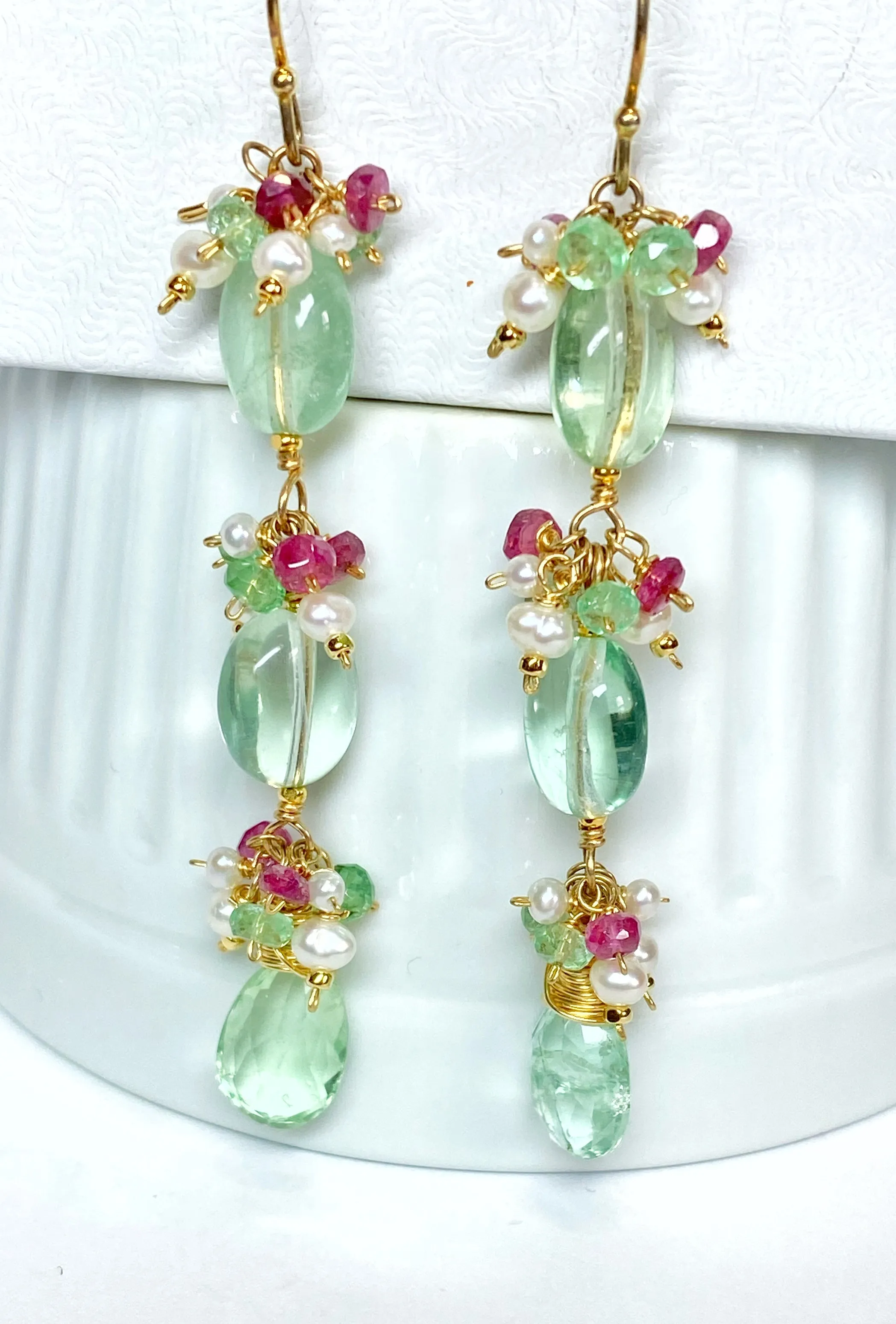 Long Green Flurorite Earrings, Gemstone Cluster
