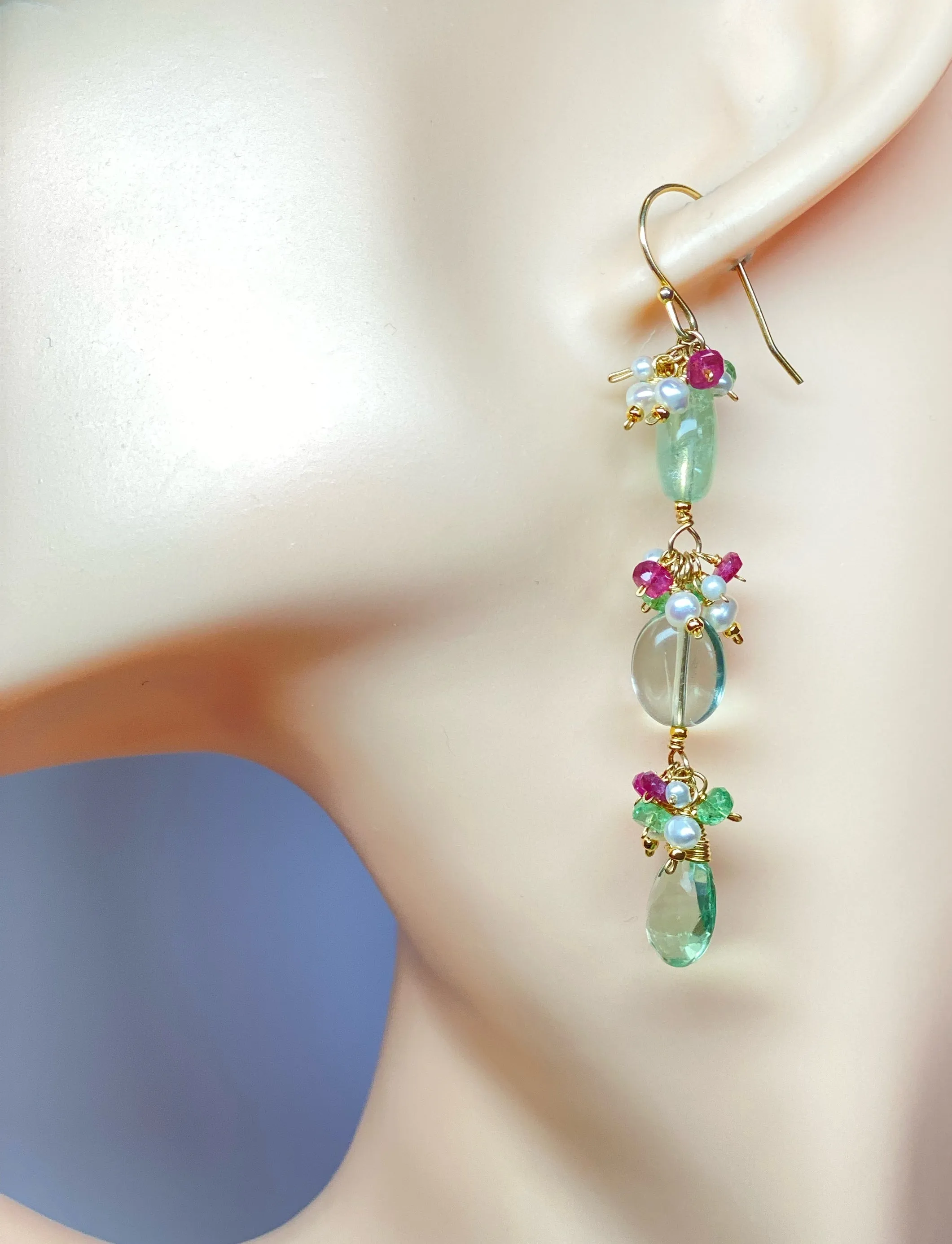 Long Green Flurorite Earrings, Gemstone Cluster