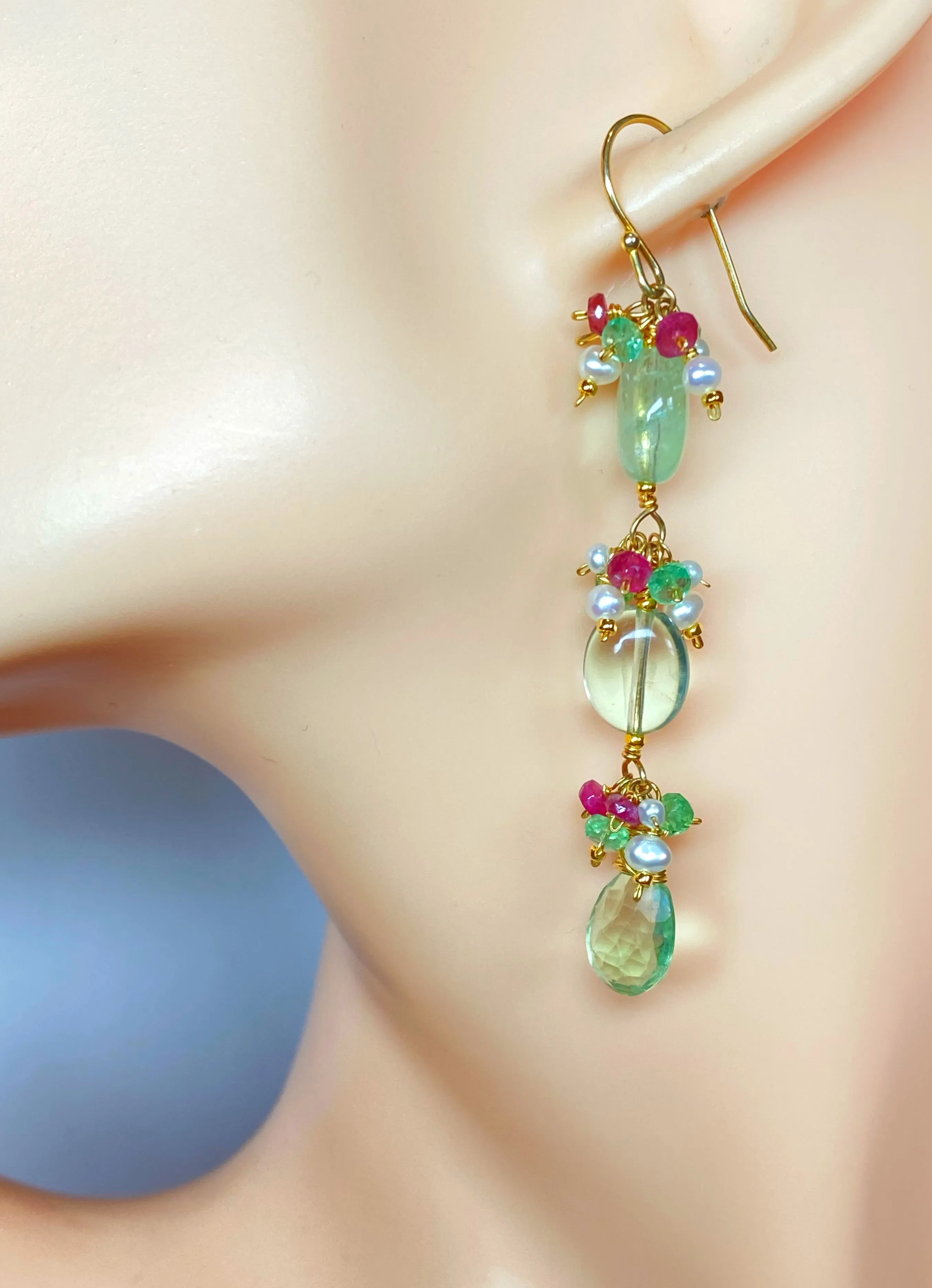 Long Green Flurorite Earrings, Gemstone Cluster