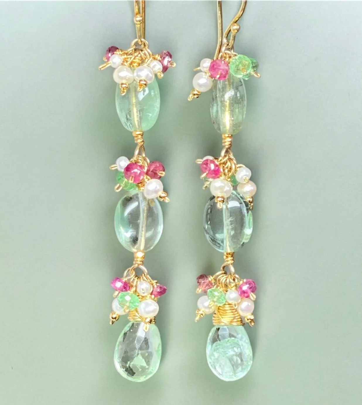 Long Green Flurorite Earrings, Gemstone Cluster