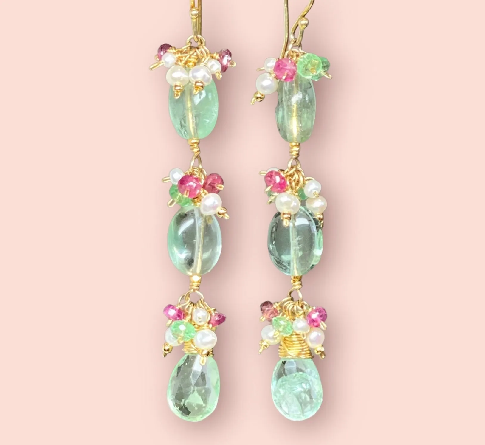 Long Green Flurorite Earrings, Gemstone Cluster