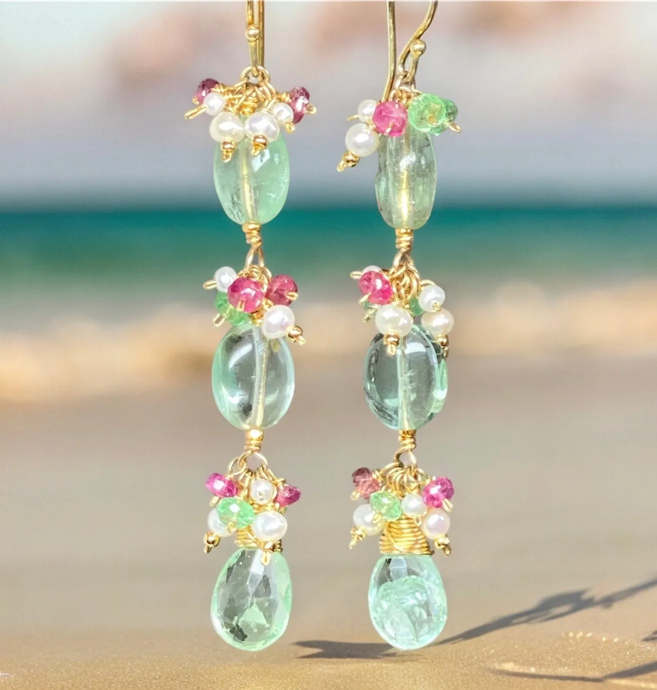 Long Green Flurorite Earrings, Gemstone Cluster