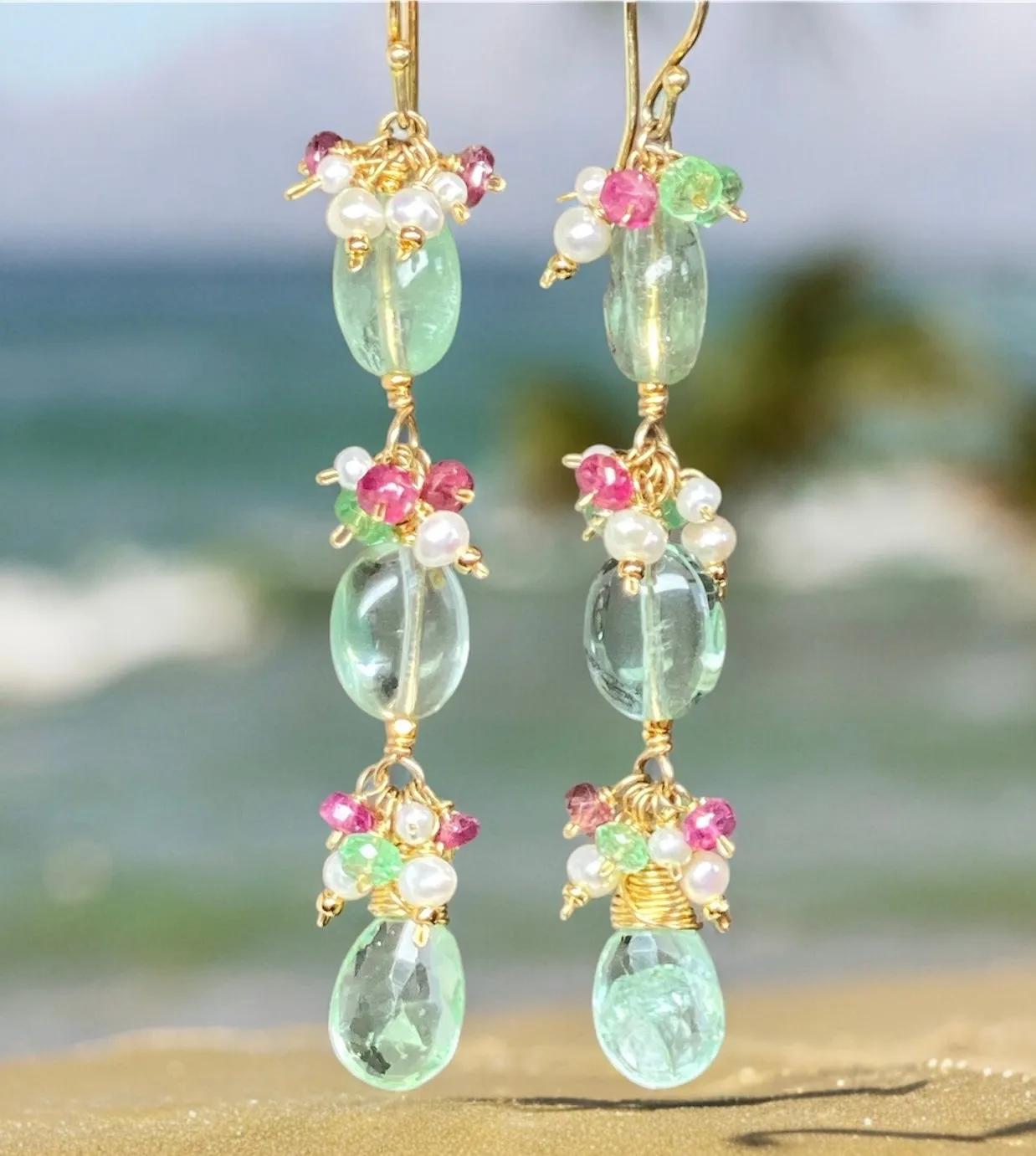 Long Green Flurorite Earrings, Gemstone Cluster