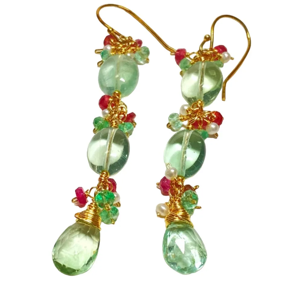 Long Green Flurorite Earrings, Gemstone Cluster