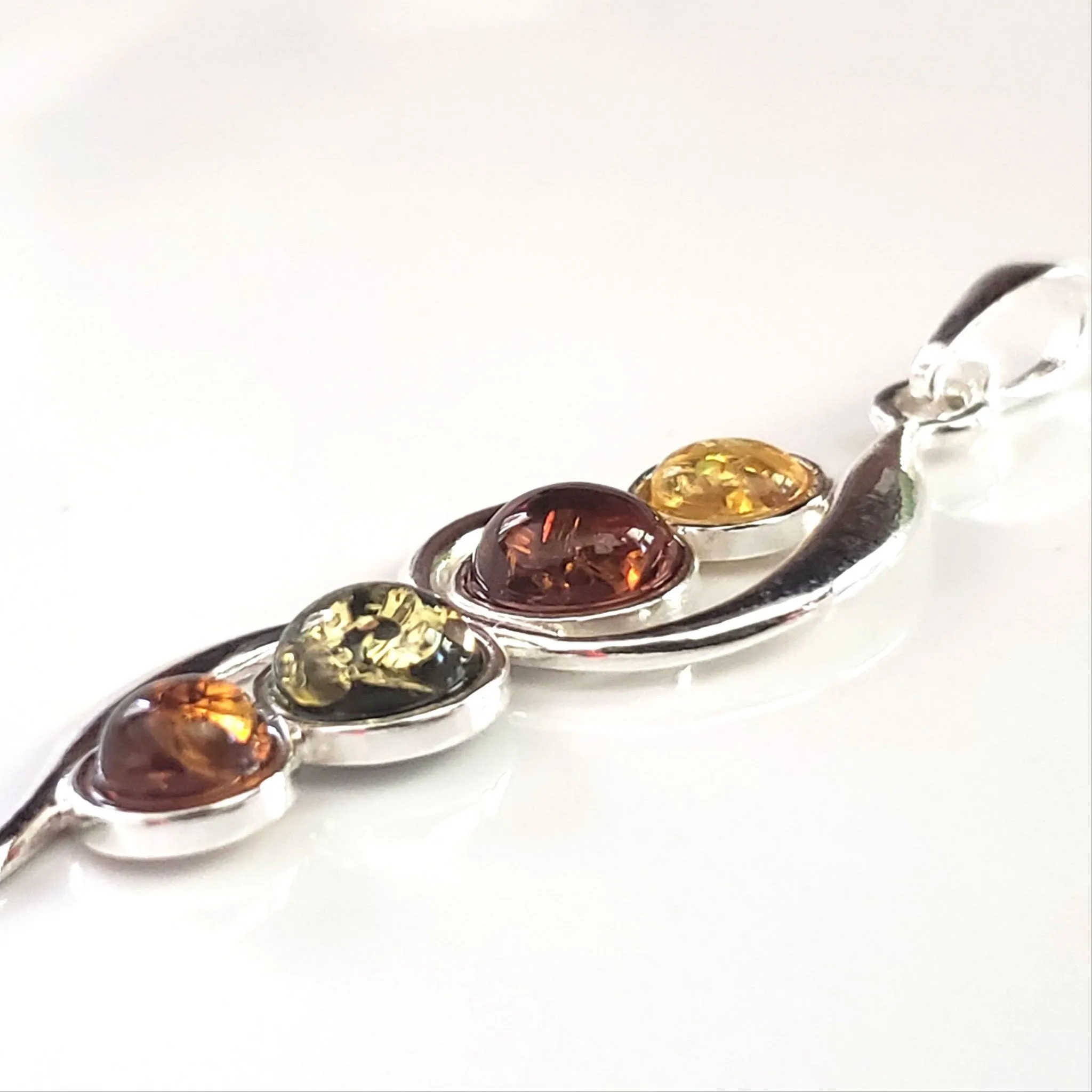 Long Multicolor Amber Silver Pendant