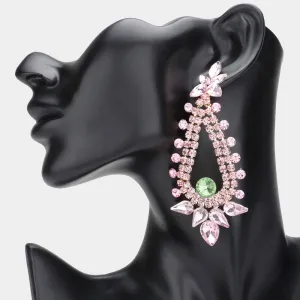 Long Pink & Green Teardrop and Round Stone Chandelier Earrings  | Pageant Earrings | Prom Earrings |  627255