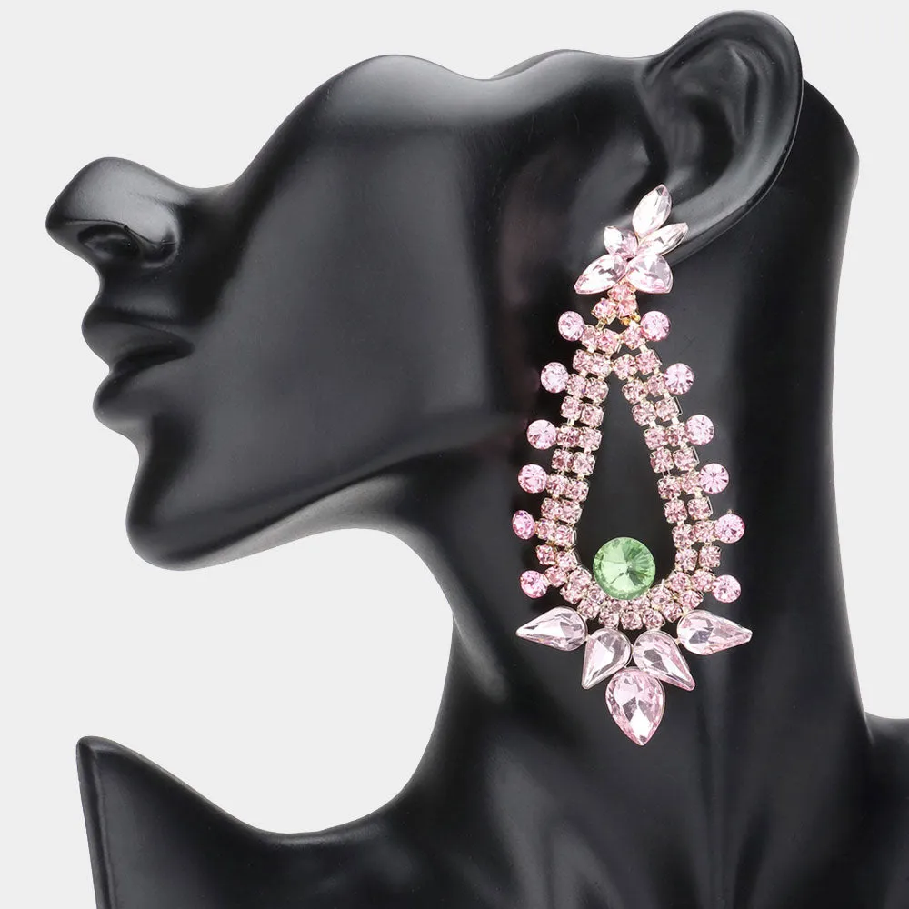 Long Pink & Green Teardrop and Round Stone Chandelier Earrings  | Pageant Earrings | Prom Earrings |  627255