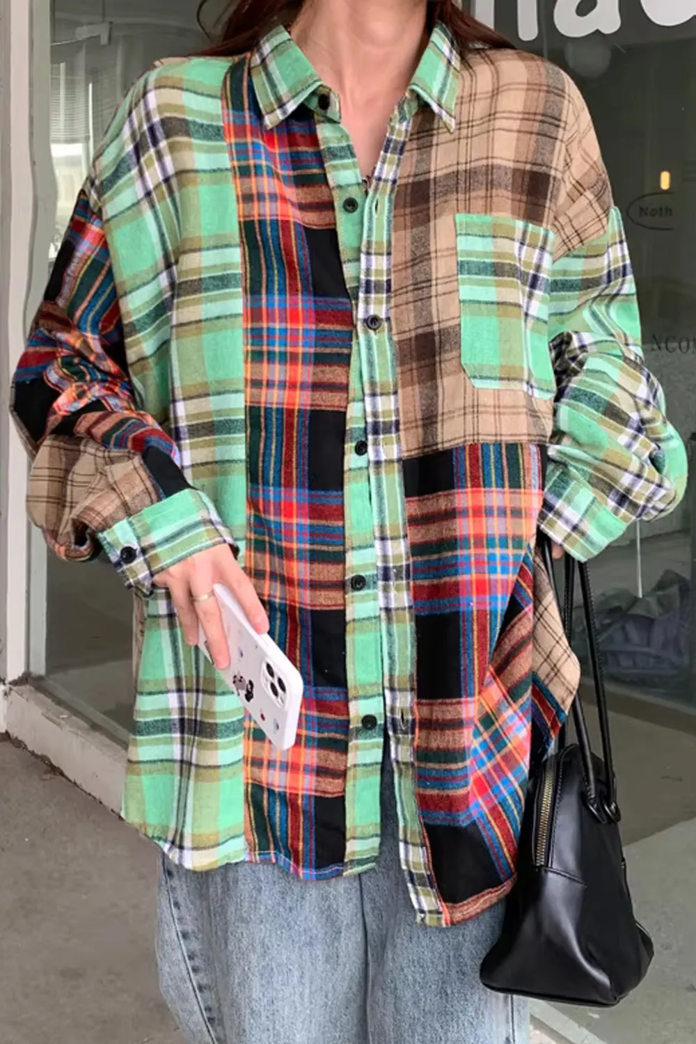 Long Sleeve 3 Colors Plaid Combination Blouse Shirt