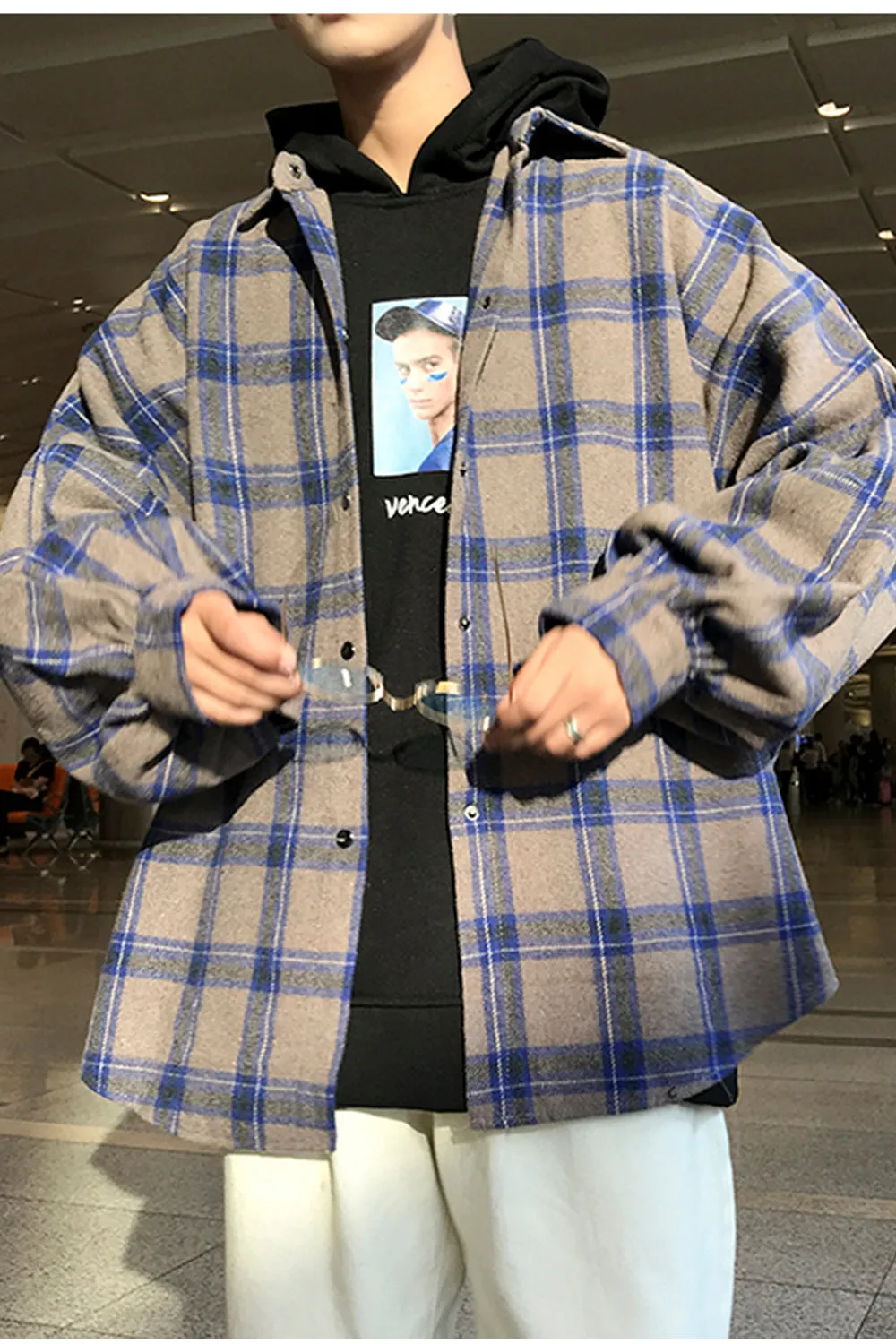 Long Sleeve Color Block Plaid Fleece Men Shirt
