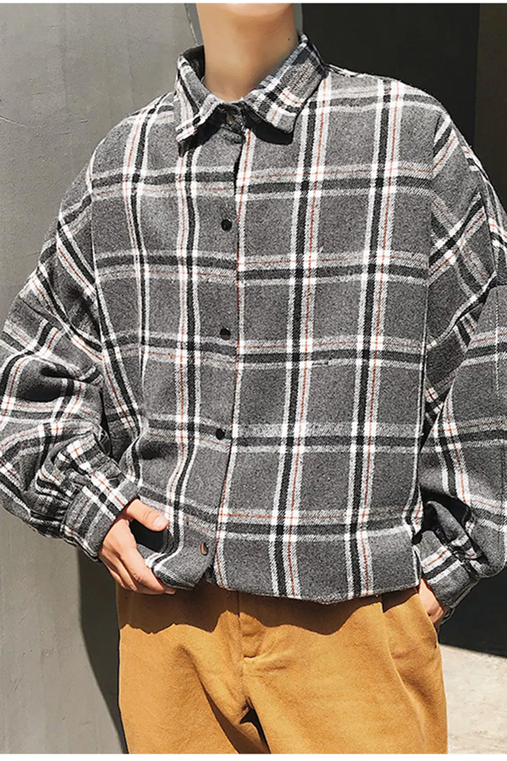 Long Sleeve Color Block Plaid Fleece Men Shirt