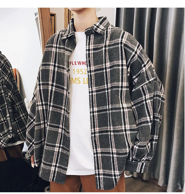 Long Sleeve Color Block Plaid Fleece Men Shirt