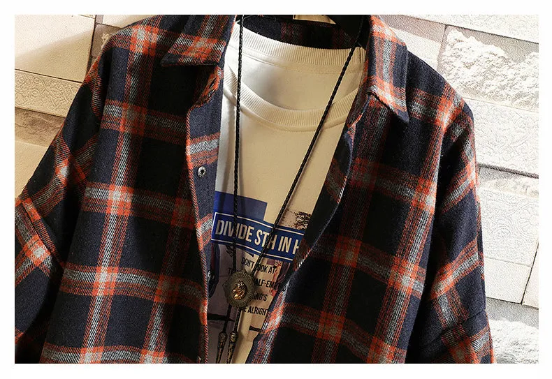 Long Sleeve Color Block Plaid Fleece Men Shirt