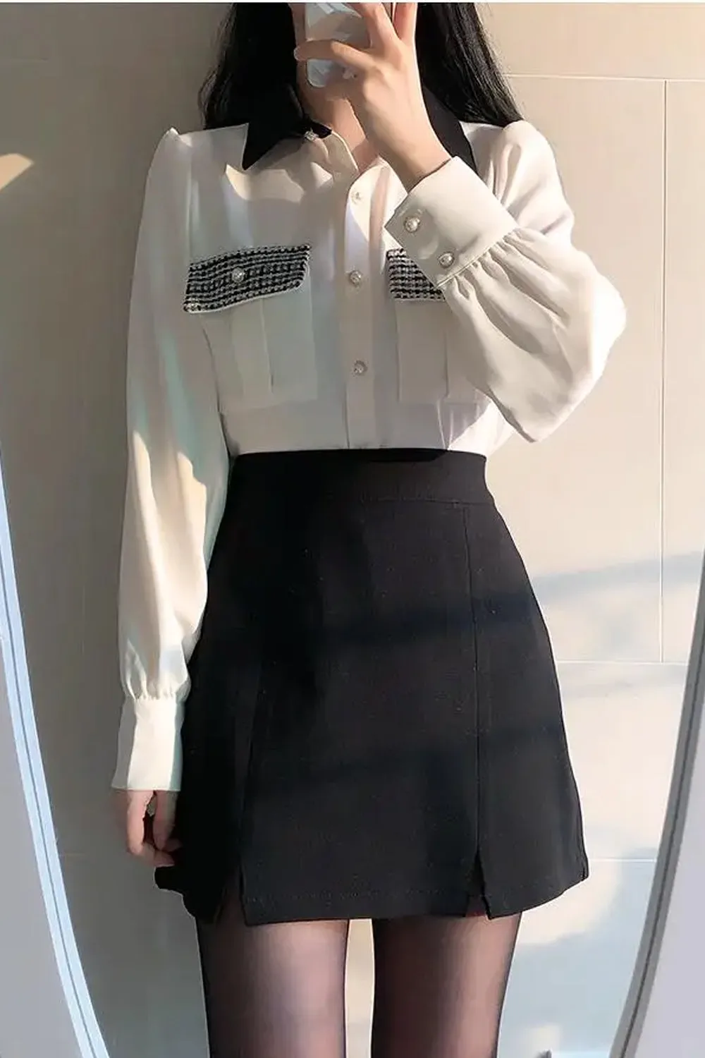 Long Sleeve Plaid Pockets Office Blouse Shirt