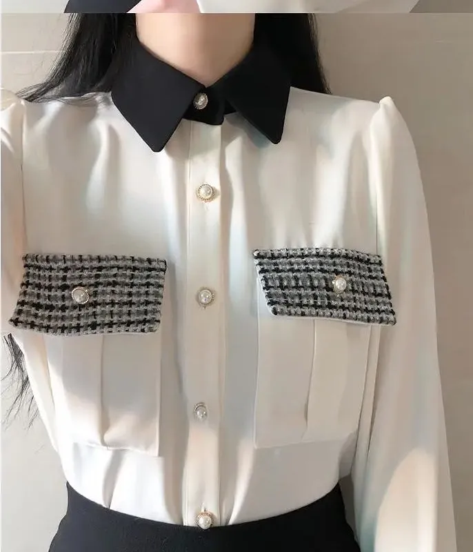 Long Sleeve Plaid Pockets Office Blouse Shirt