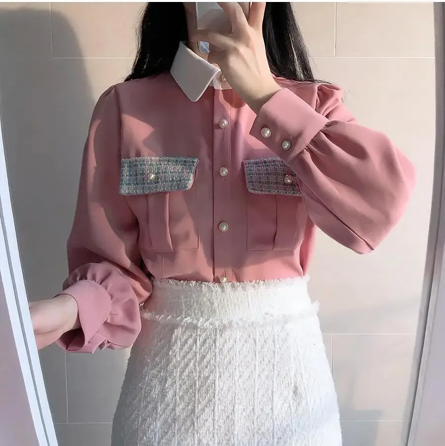 Long Sleeve Plaid Pockets Office Blouse Shirt
