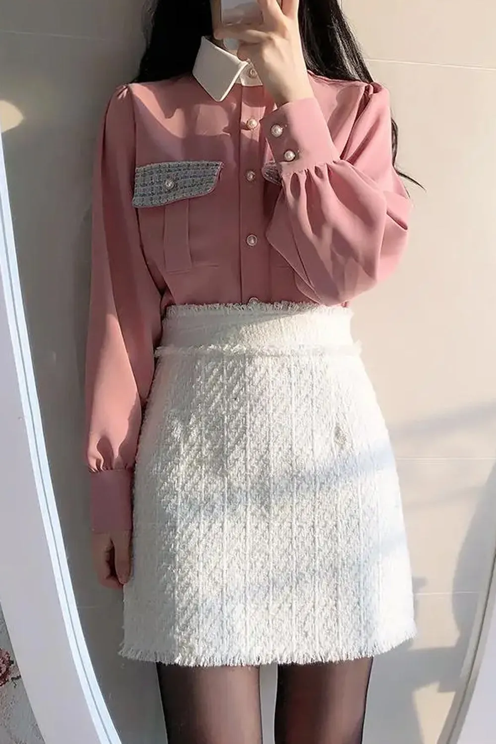 Long Sleeve Plaid Pockets Office Blouse Shirt