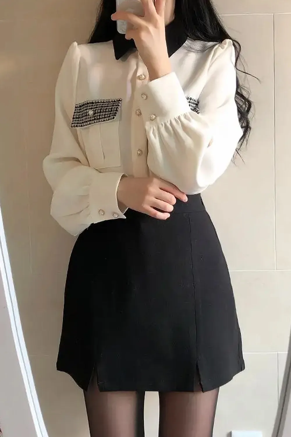 Long Sleeve Plaid Pockets Office Blouse Shirt