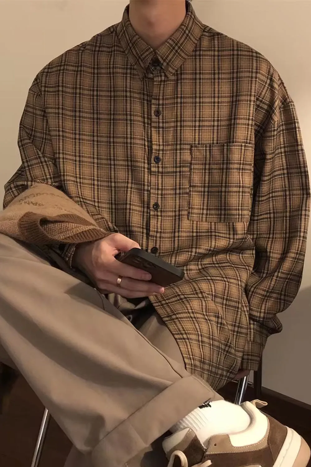 Long Sleeve Retro Coffee Color Plaid Men Shirt