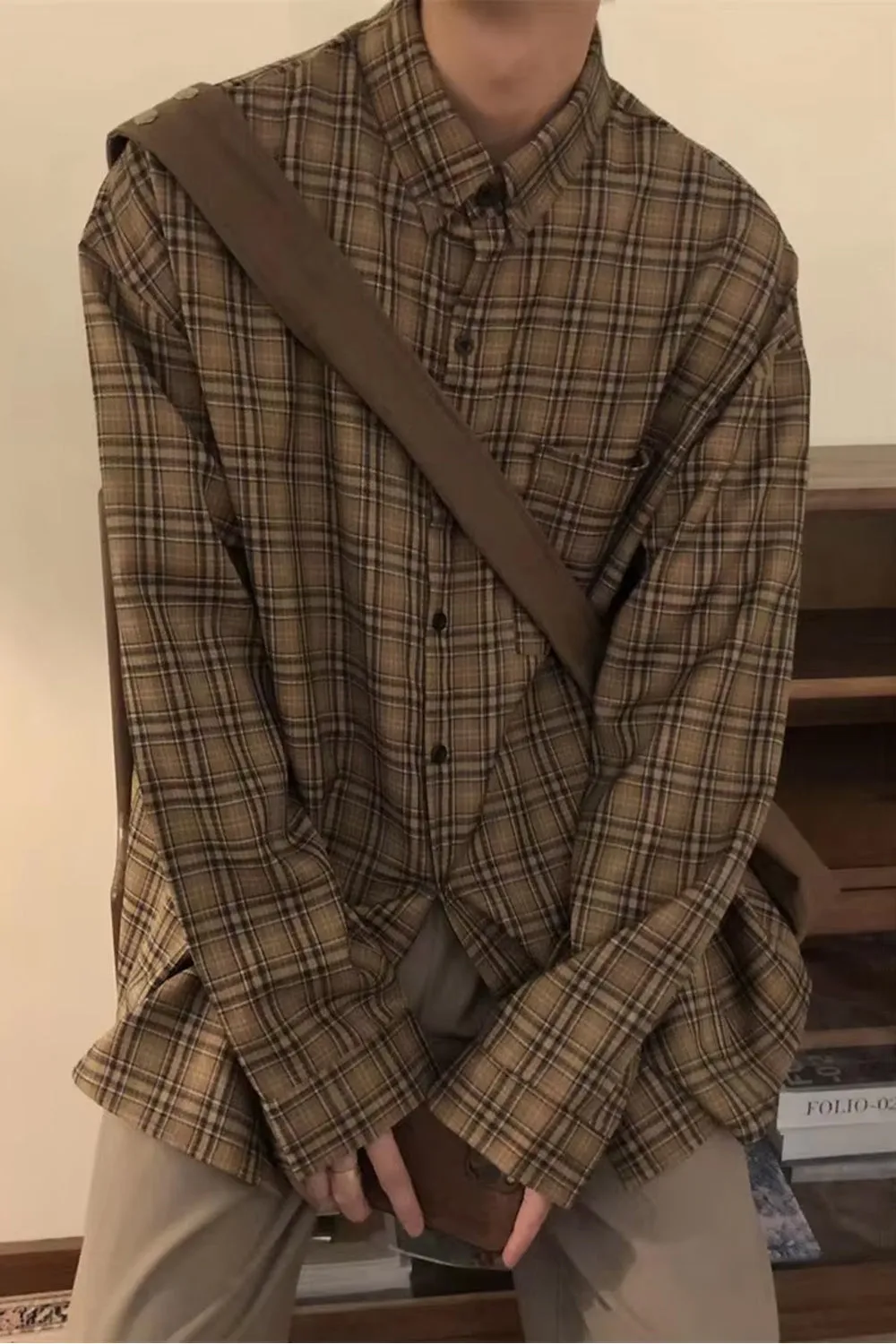 Long Sleeve Retro Coffee Color Plaid Men Shirt